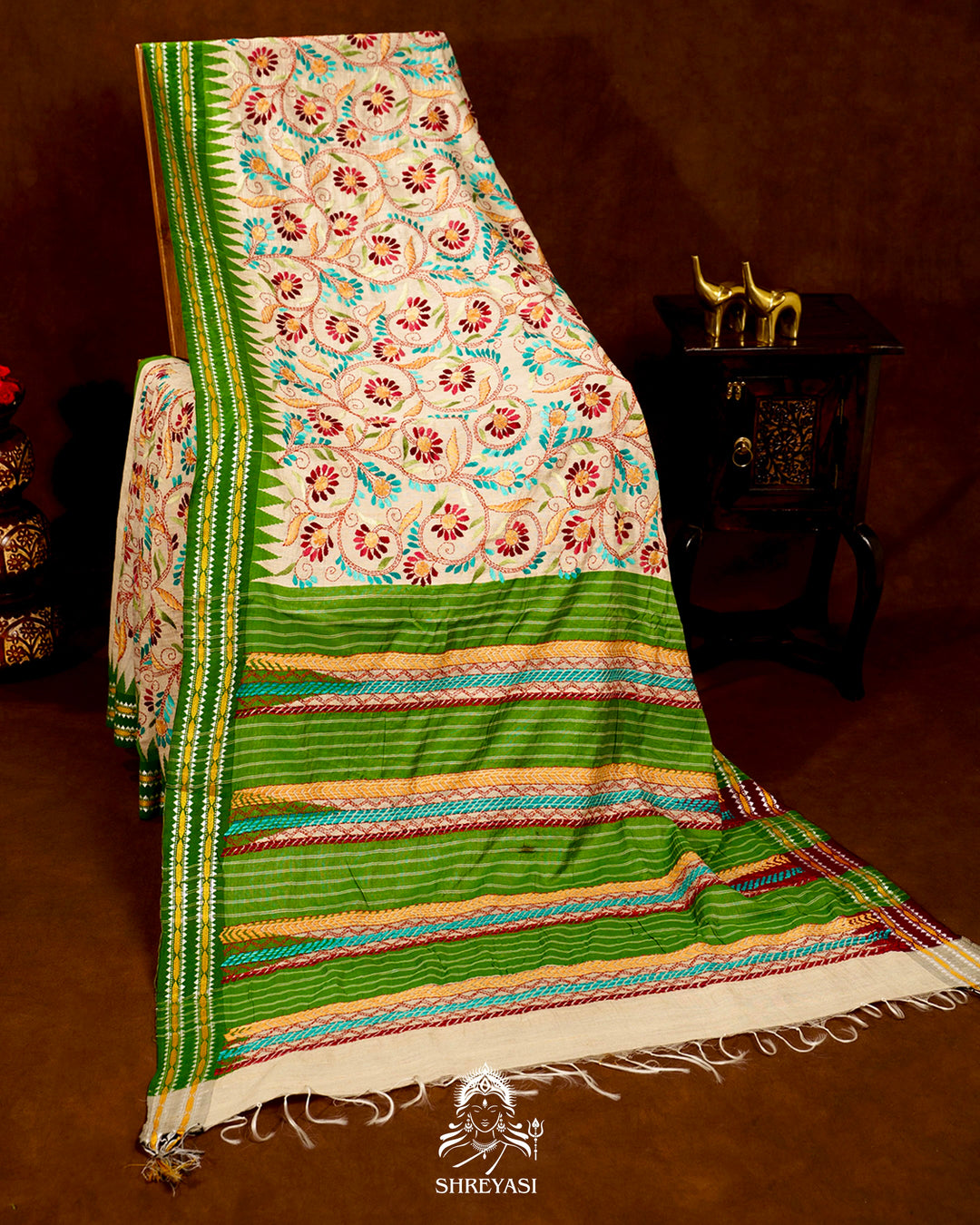 Handloom Pure Vidarbha Tussar Silk Saree with Karvati Kinar Border and Kantha Embroidery