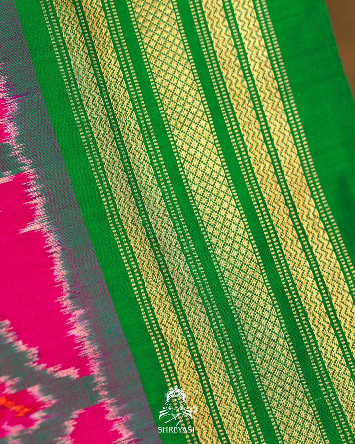 Pink & Green Handloom Pure Pochampally Silk Saree with Kanchi Borders