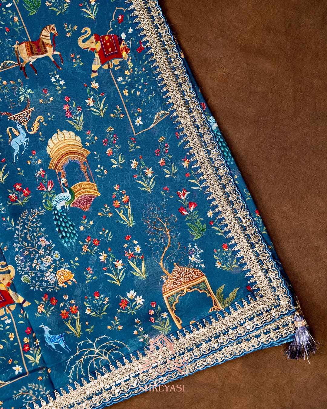 Mughal Garden Print Crepe Chinon Saree with Embroidered Border
