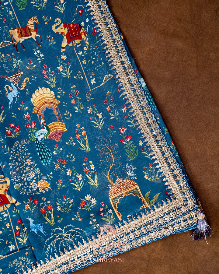 Mughal Garden Print Crepe Chinon Saree with Embroidered Border
