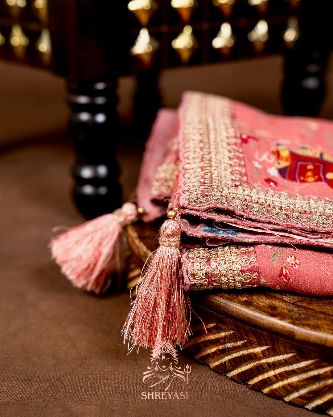 Mughal Garden Print Crepe Chinon Saree with Embroidered Border