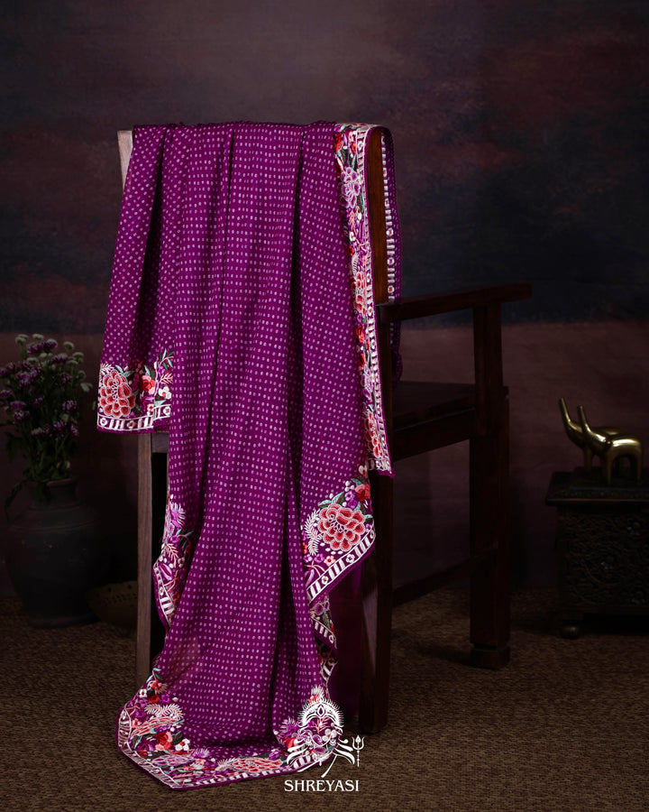 Pure Georgette Saree with Parsi Gara Style Embroidered Borders and Bandhej Body