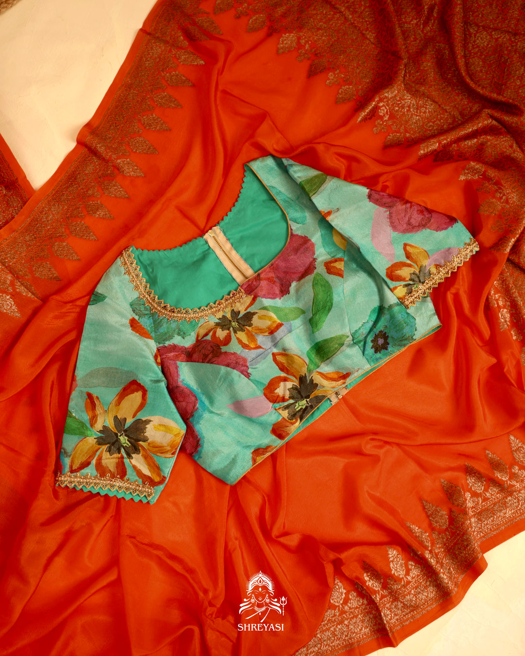 Banarasi Crepe Silk Saree with Floral Embroidered Blouse