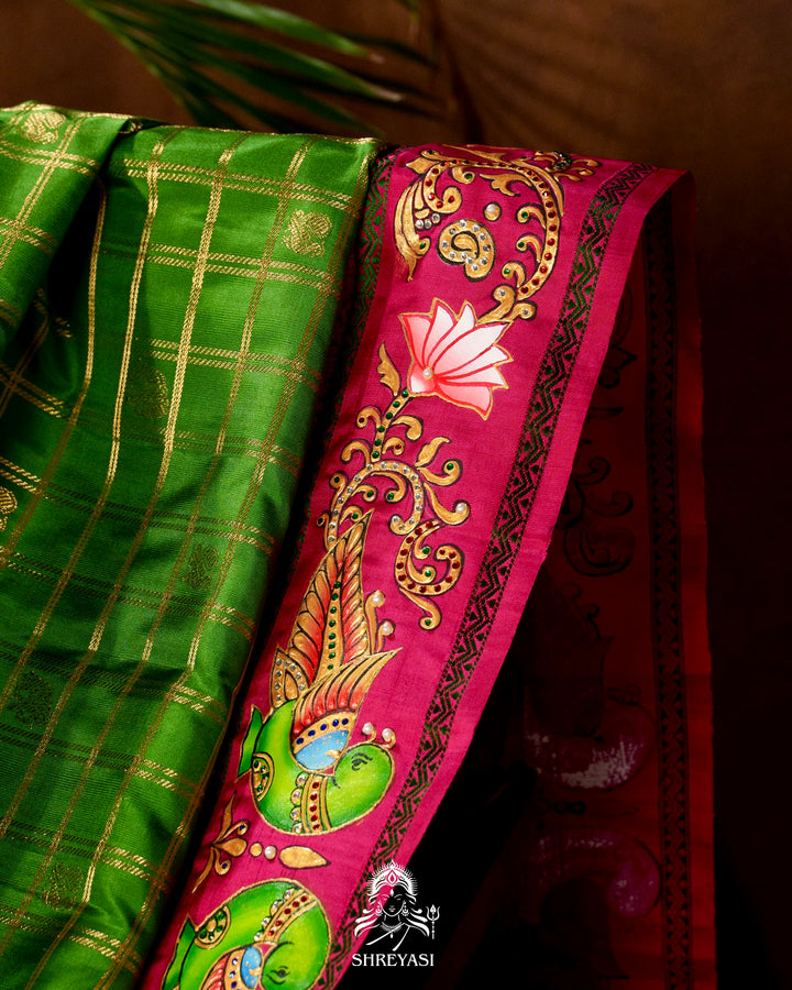 Handloom Pure Kanjivaram Silk Sarees with Real Zari and Hand Painted Tanjore Art