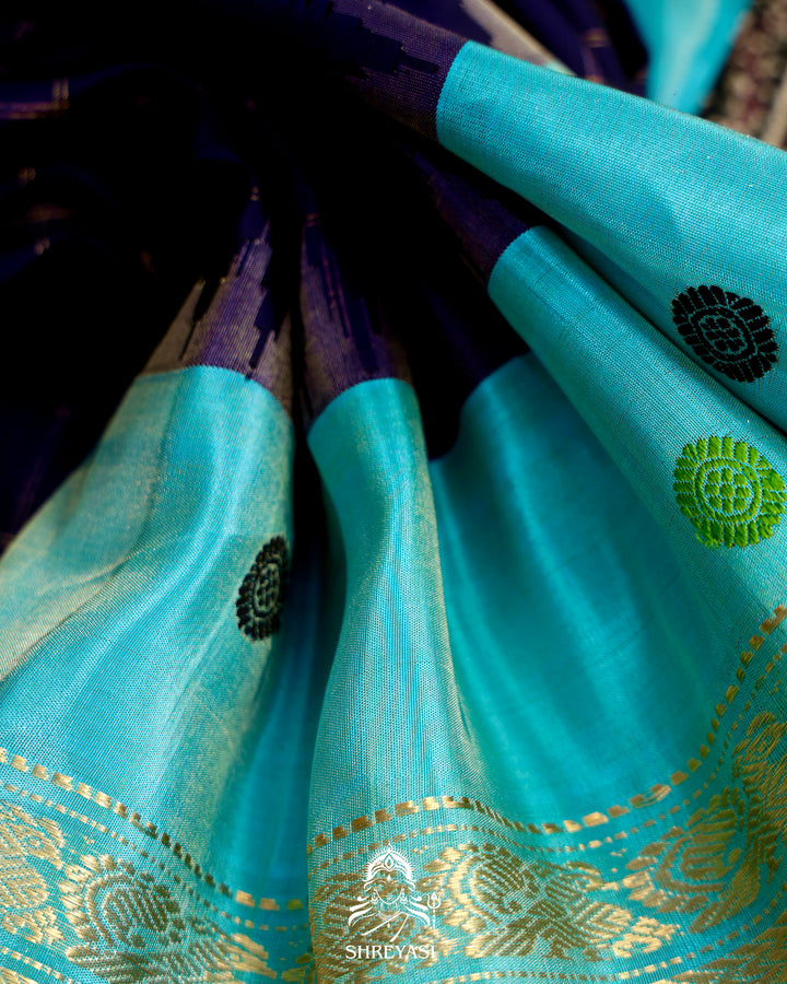 Handloom Pure Gadwal Silk Saree in Royal Blue with Aqua Tissue Borders