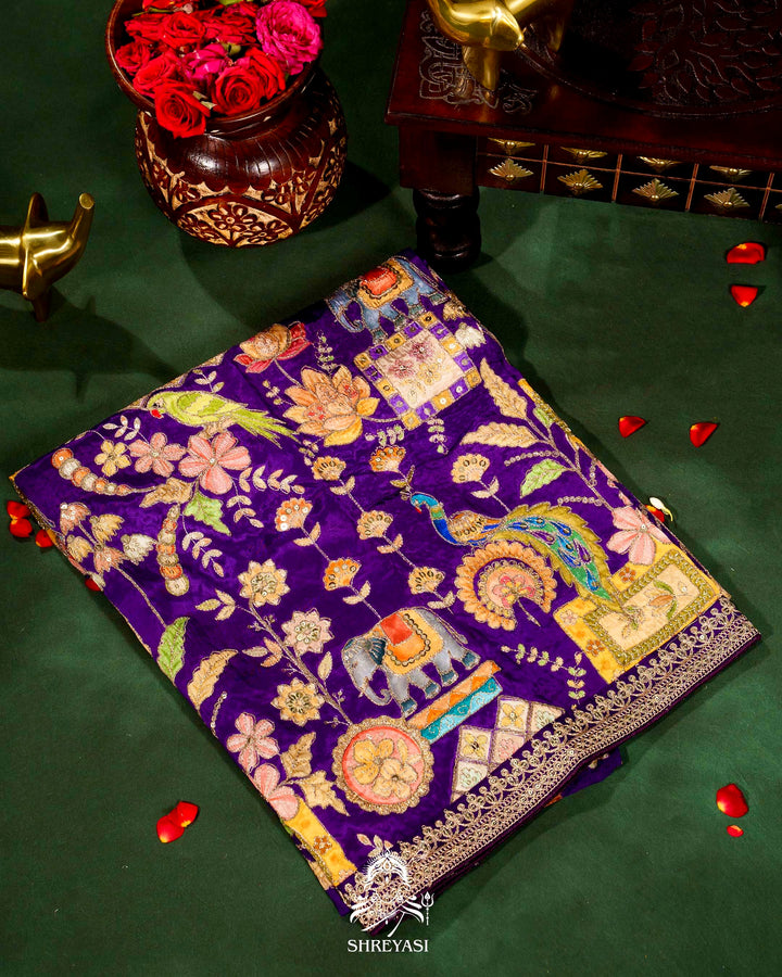Pure Crepe Satin Saree with Embroidered Borders and Fully Embroidered Blouse