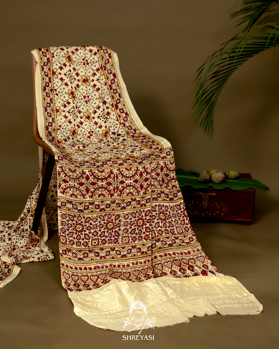 Pure Modal Gaji Silk Lagdi Patta Ivory Red Ajrakh Saree in Natural Dyes