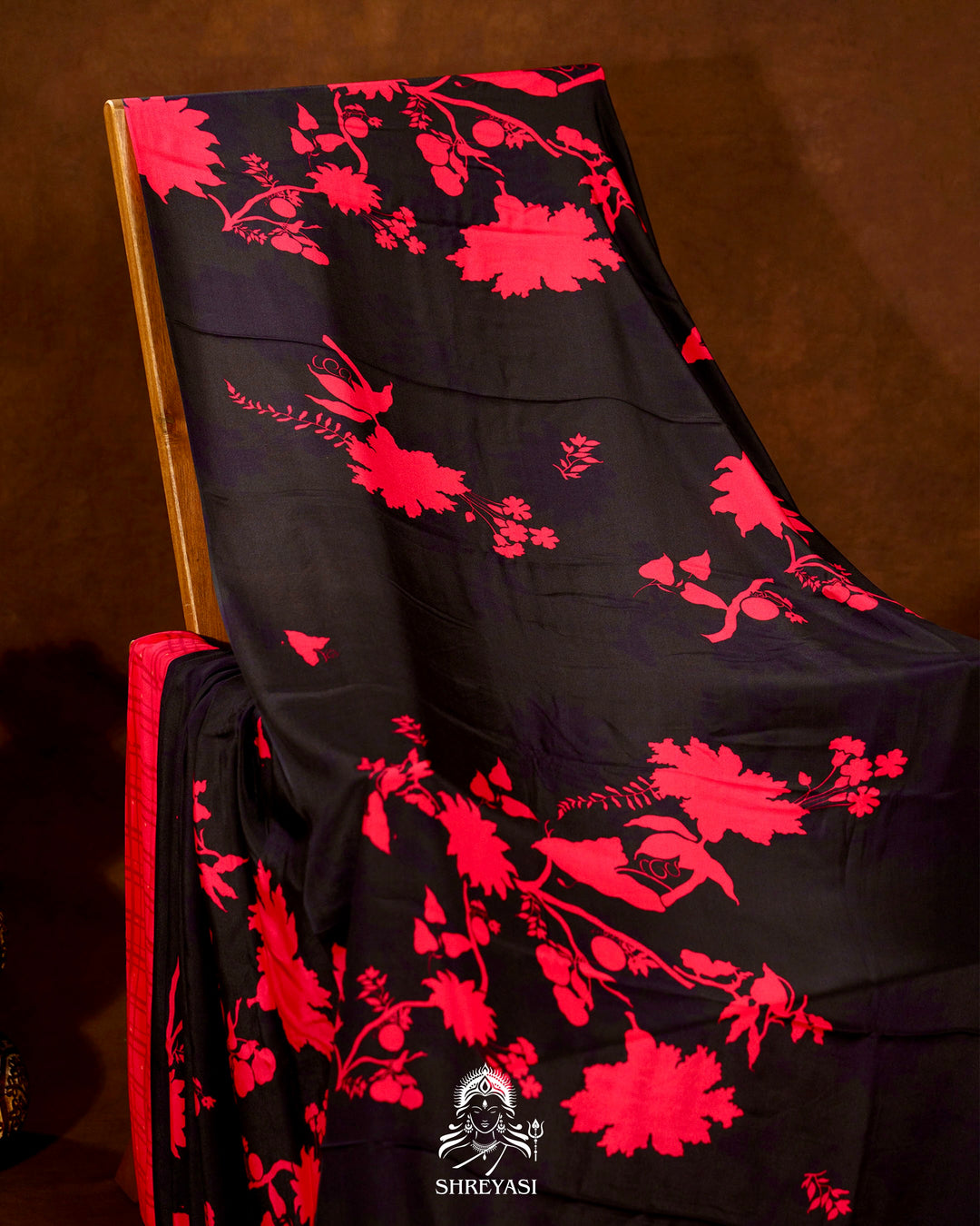 Pure Crepe Floral Saree in Black and Scarlet Red