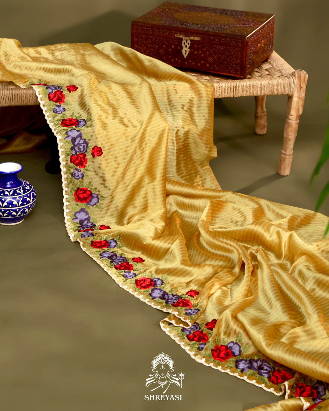 Chanderi Tissue Saree with Pita & Thread Floral Embroidery