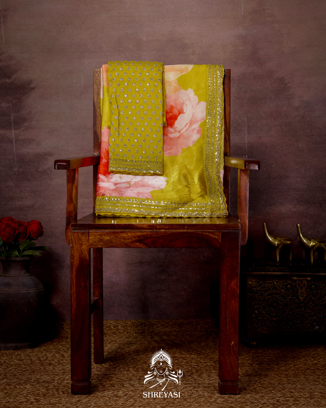 Lime Yellow Chinon Satin Floral Saree with Embroidered Border