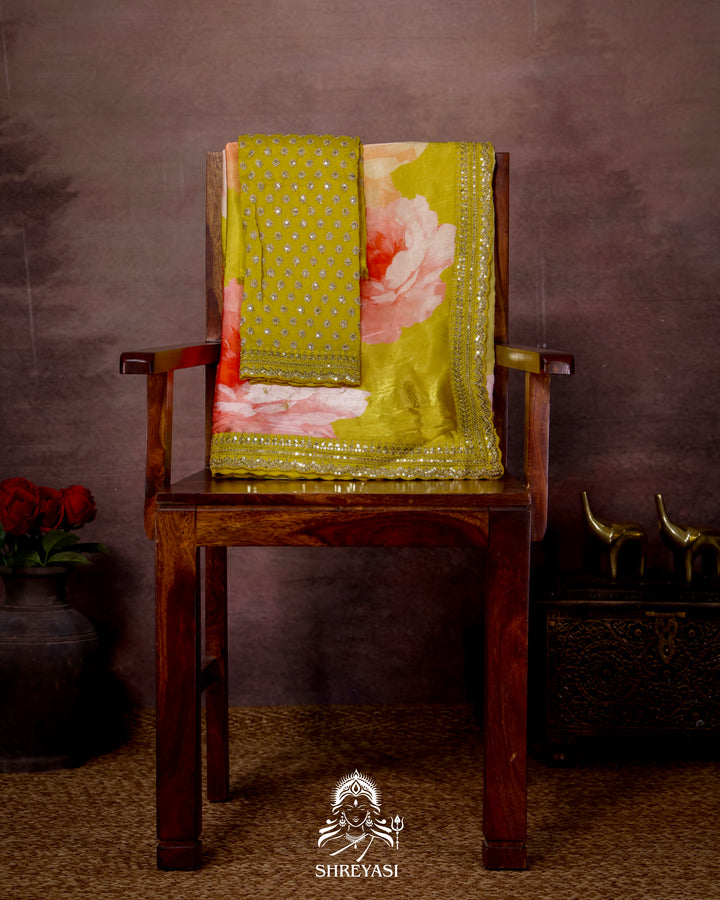 Lime Yellow Chinon Satin Floral Saree with Embroidered Border