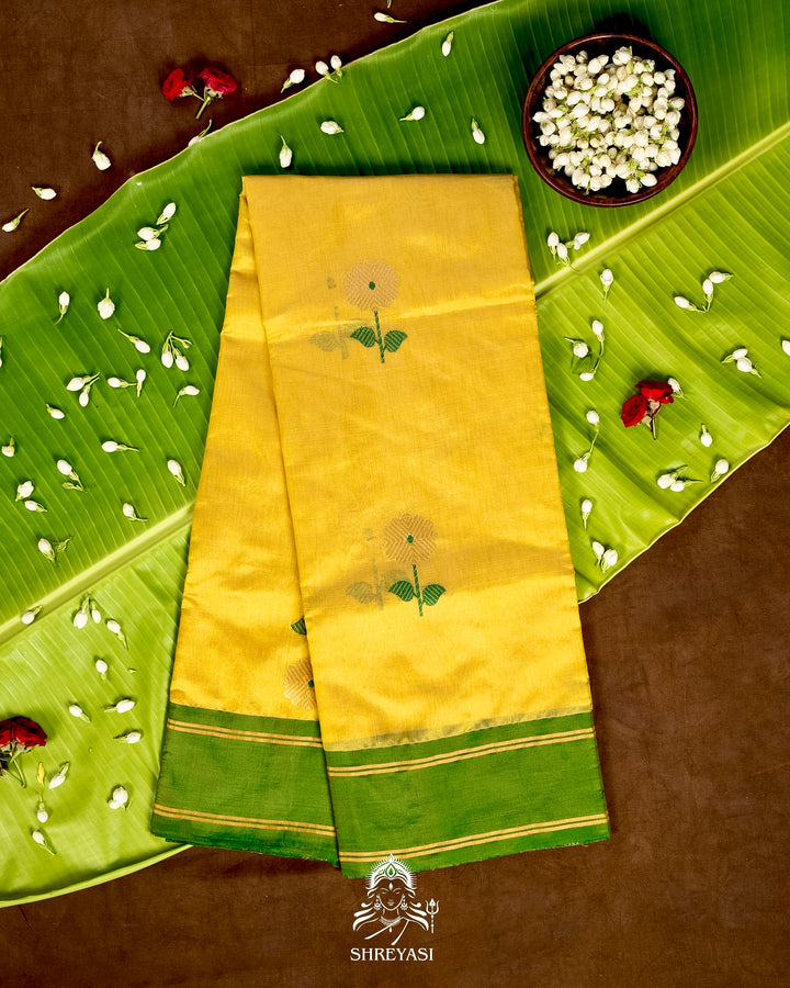 Handloom Pure Chanderi Pattu Silk Saree with Meena Buta and Contrast Pattu Border