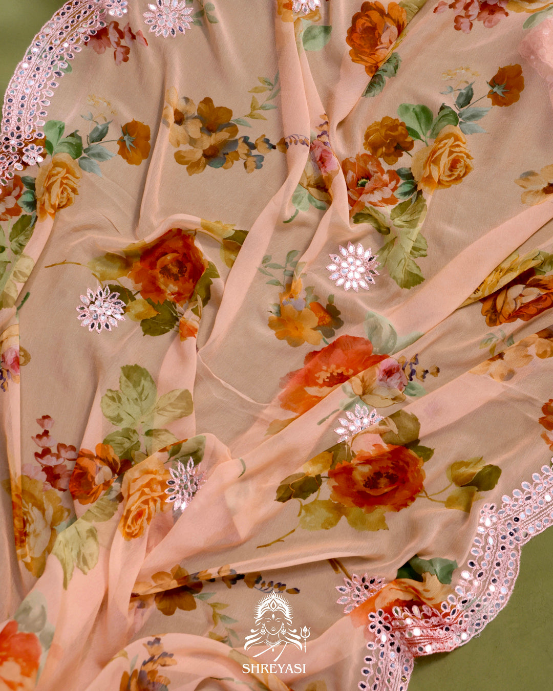 Floral Chiffon Georgette Saree with Scalloped Mirror Embroidery
