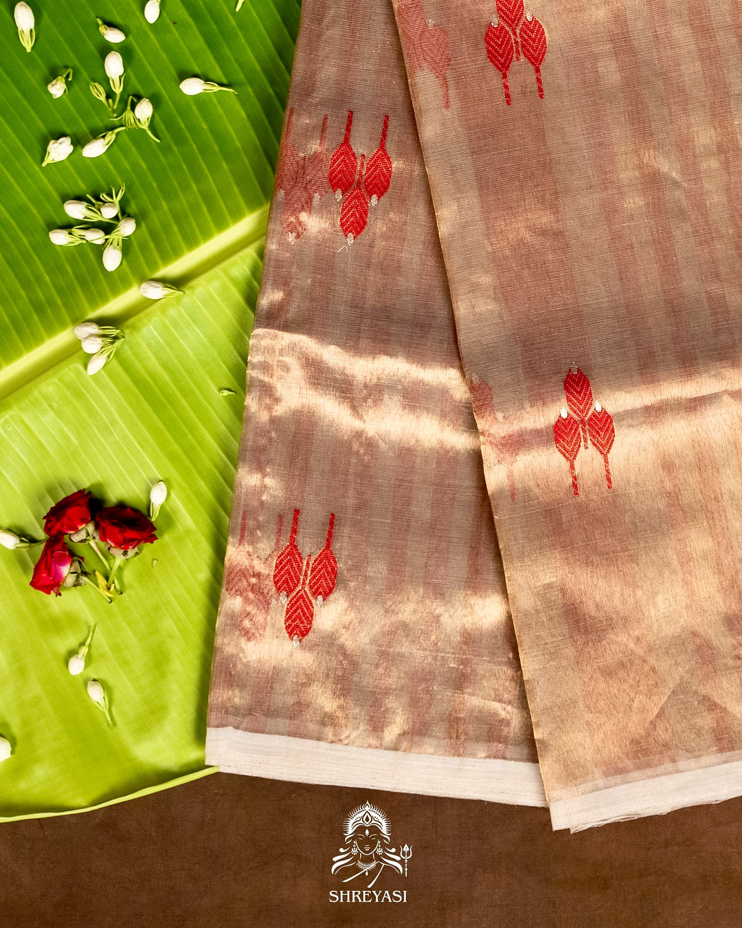 Handloom Pure Chanderi Tissue Silk Saree with Woven Bhutis and Striped Blouse