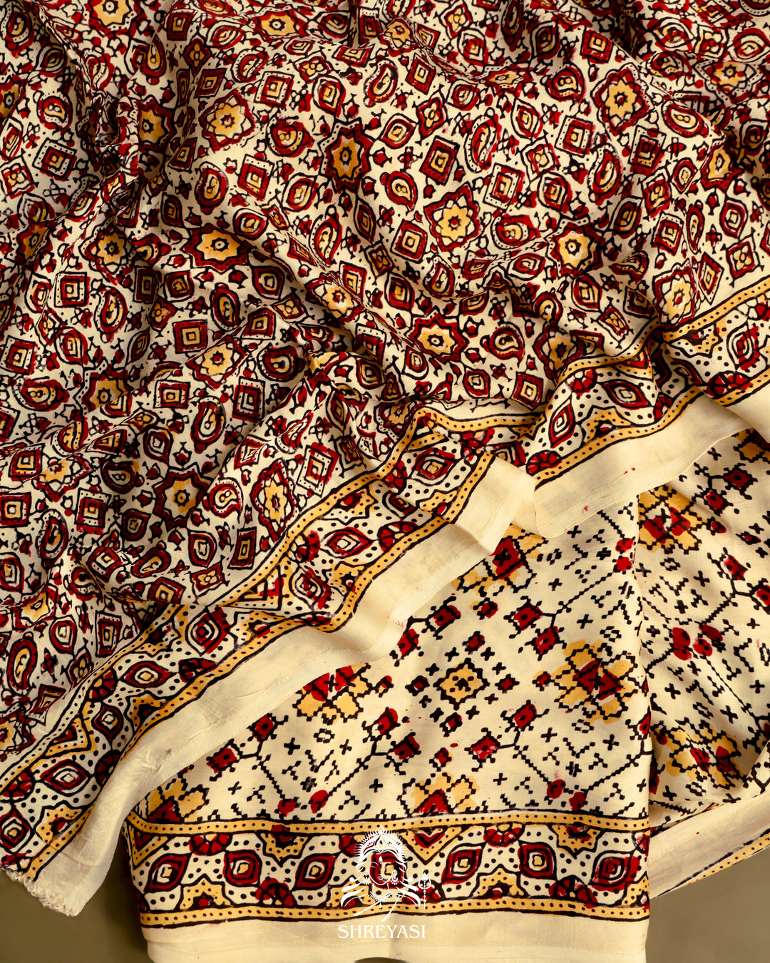 Pure Modal Gaji Silk Lagdi Patta Ivory Red Ajrakh Saree in Natural Dyes
