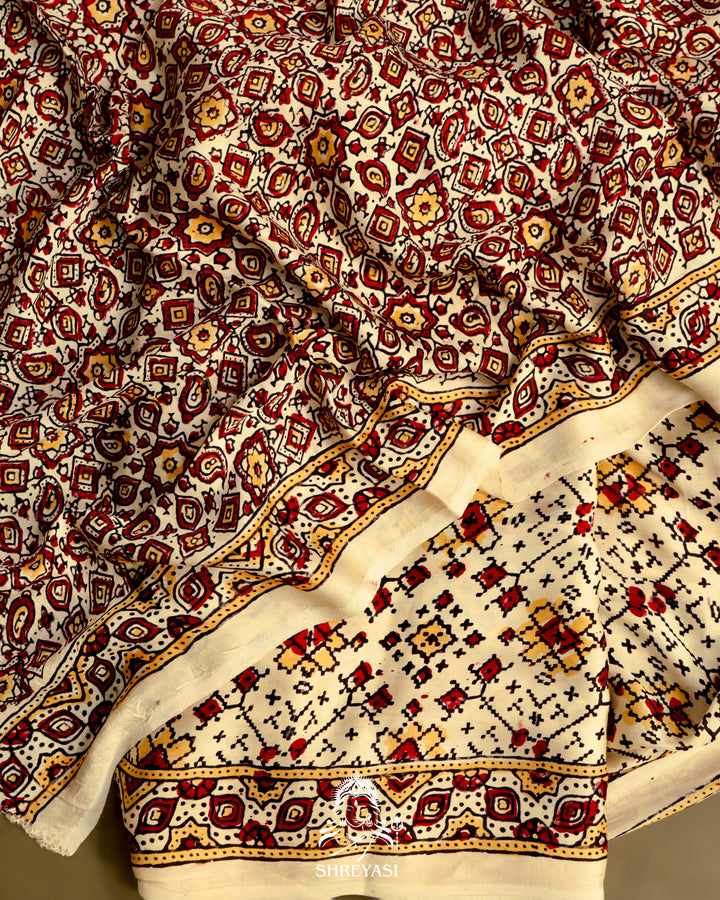 Pure Modal Gaji Silk Lagdi Patta Ivory Red Ajrakh Saree in Natural Dyes