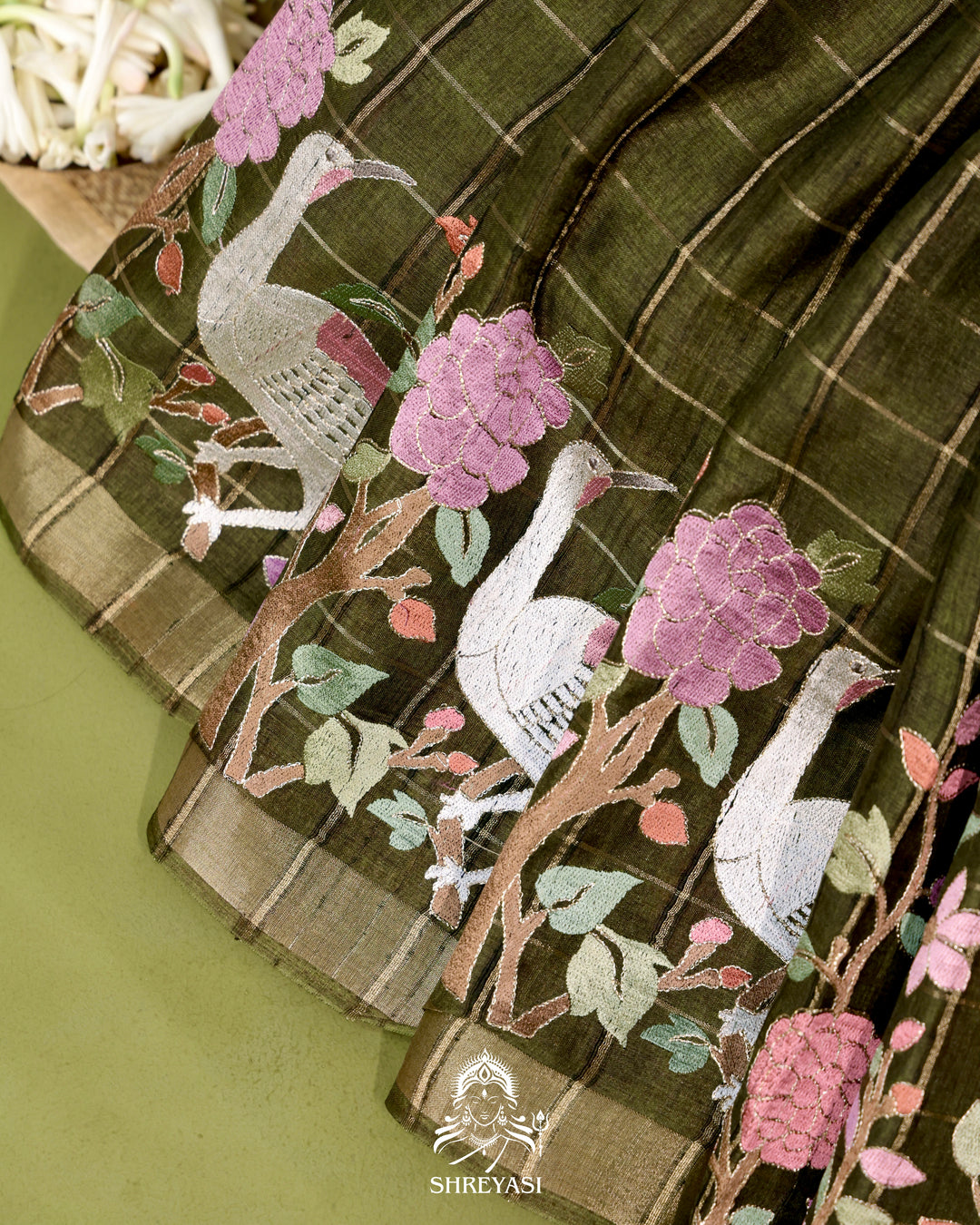 Pure Linen Tussar Silk Saree with Resham Embroidered Borders