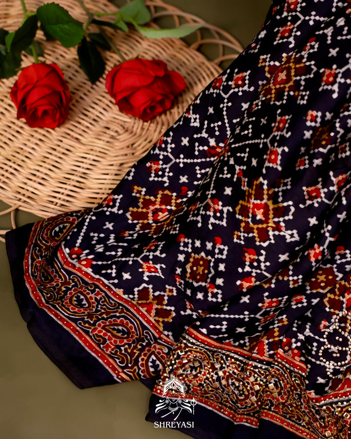 Pure Modal Silk Ajrakh Saree with Swarovski Crystal Embroidery