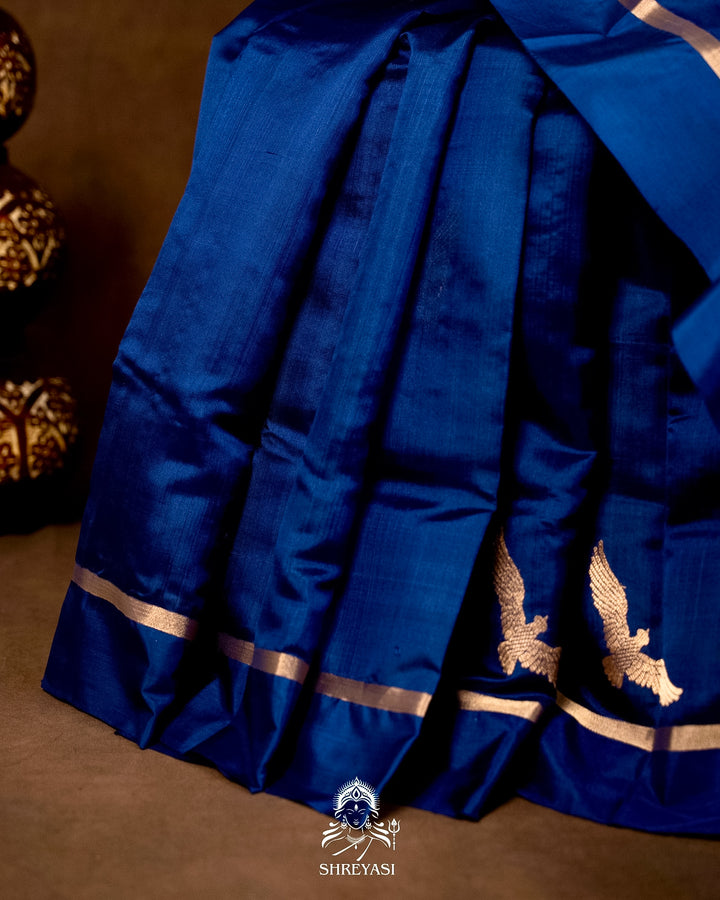 Handloom Pure Chanderi Pattu Silk Saree in Cobalt Blue with Bird Motifs