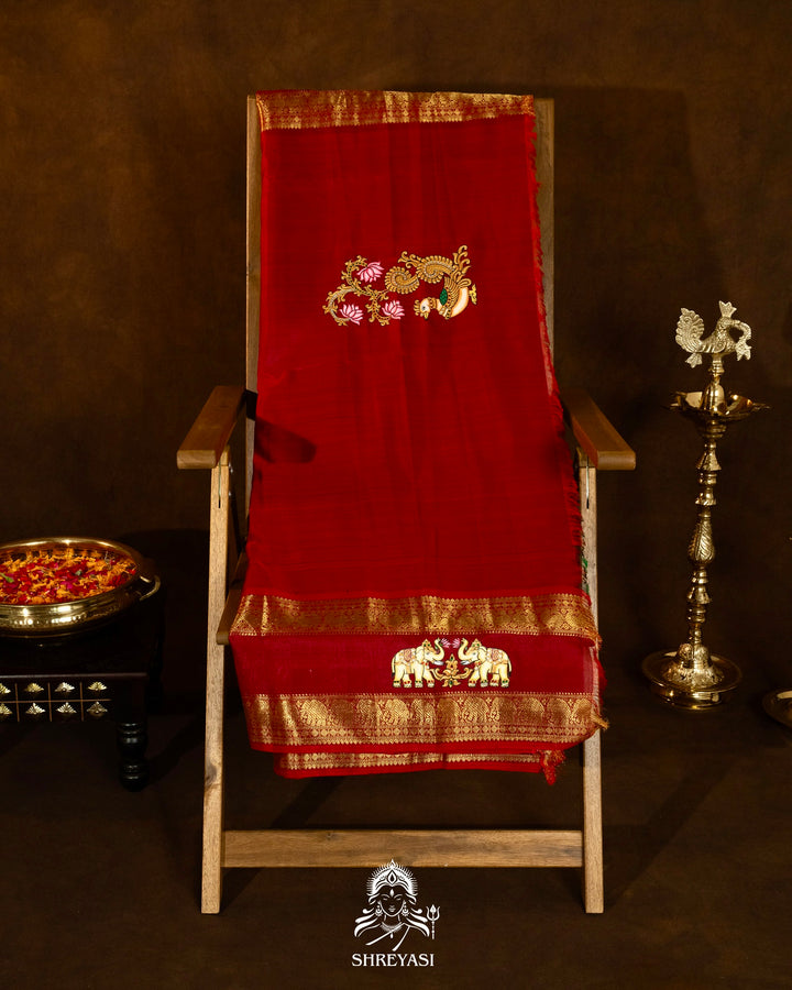 Traditional Tanjore Painting on Handloom Pure Kanjivaram Silk Sarees with Real Zari