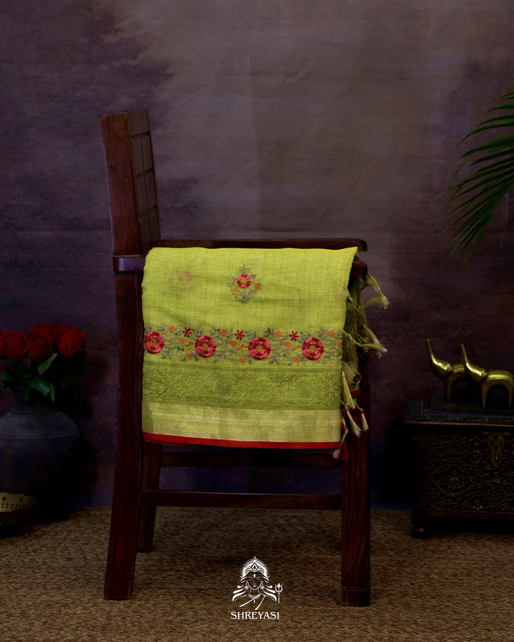 Bengal Linen Saree with Resham Floral Embroidery