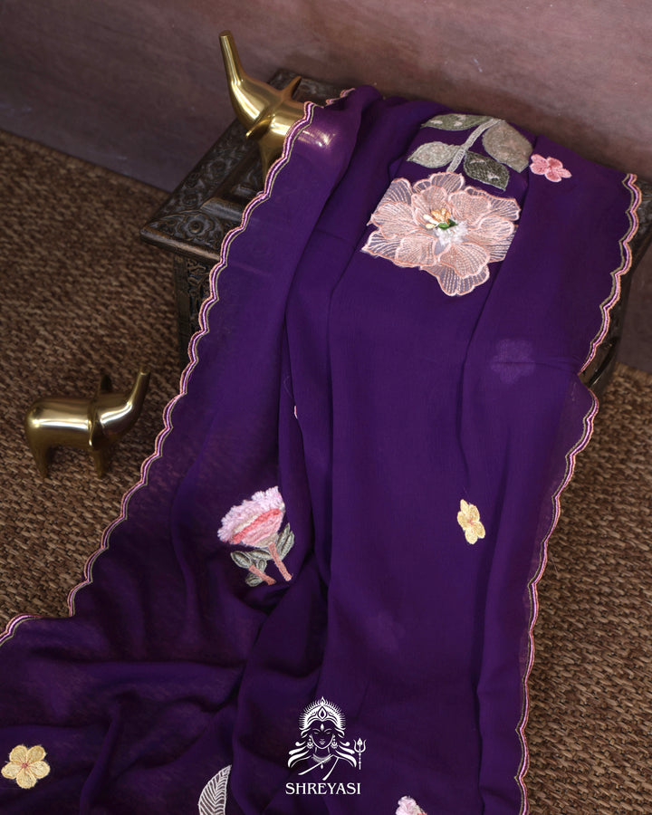 Handloom Pure Chiffon Saree with 3D Appliqué Embroidery