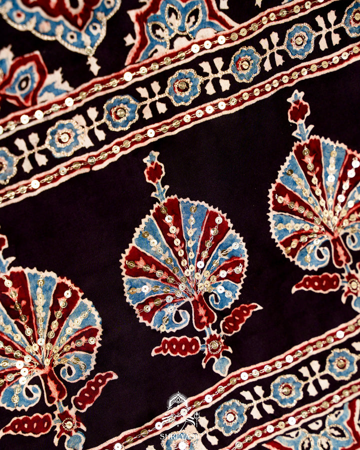 Handloom Pure Modal Silk Ajrakh Hand Block Printed Saree with Natural Dyes, All Over Aari Embroidery & Embroidered Borders