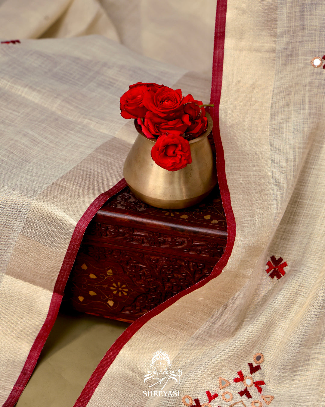 Bengal Linen Tissue Saree with Kathiyawadi Mirror Embroidery