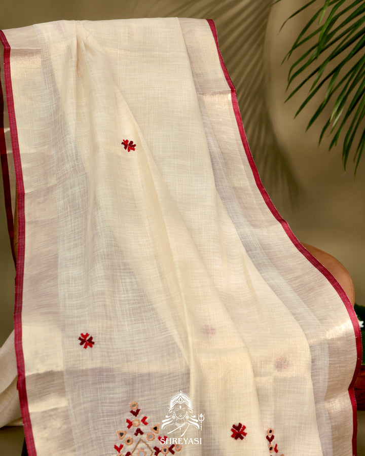 Bengal Linen Tissue Saree with Kathiyawadi Mirror Embroidery