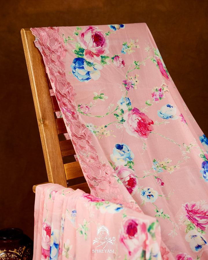 Pure Georgette Floral Saree with Chantilly Lace Embroidery Border