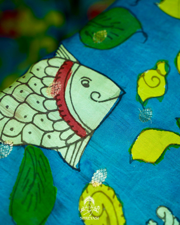 Handloom Pure Gadwal Silk Saree with Hand Painted Pen Kalamkari and Silver Zari Borders