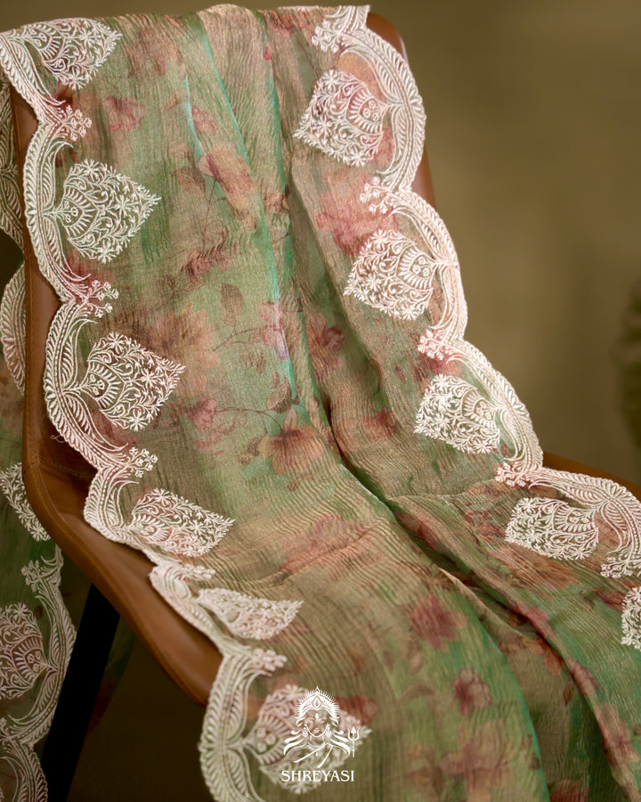 Handloom Pure Crushed Ektara Tissue Silk Saree with Floral Print and Scallop Embroidery