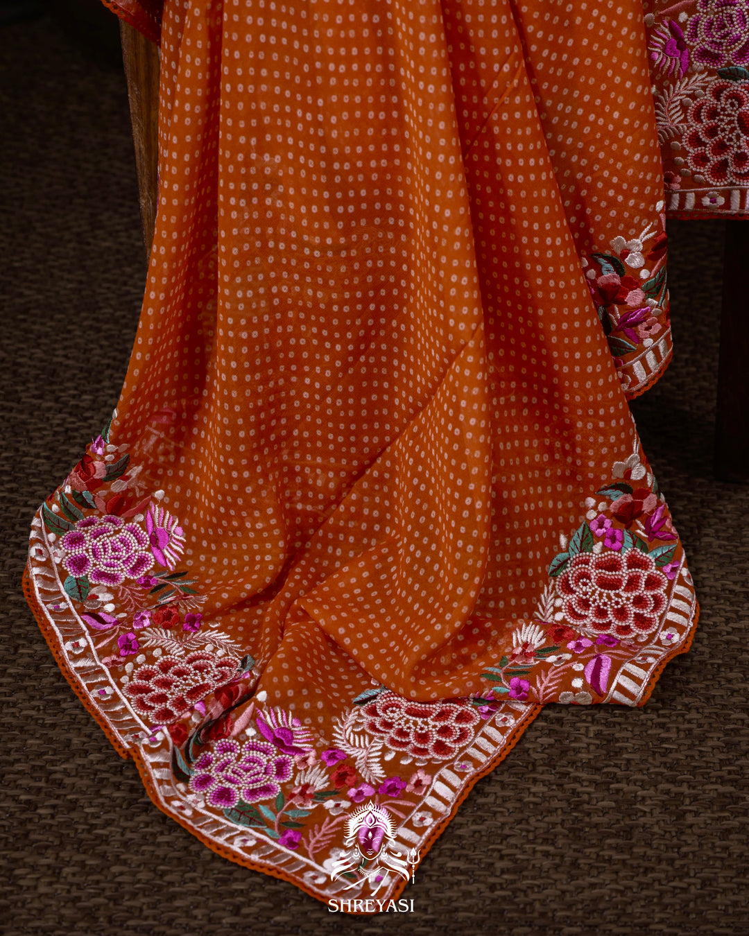 Pure Georgette Saree with Parsi Gara Style Embroidered Borders and Bandhej Body