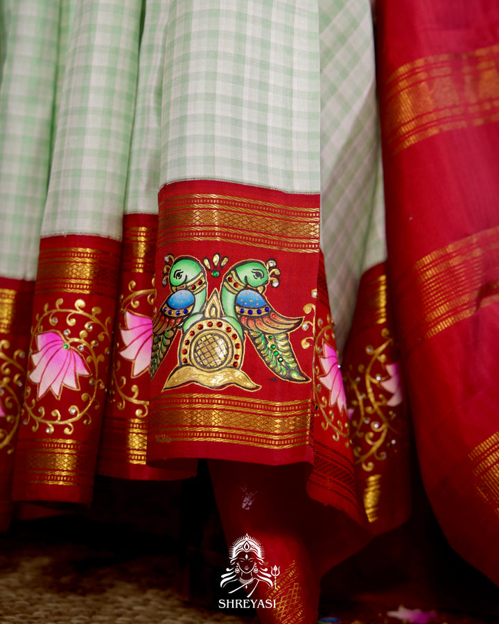 Handloom Pure Kanjivaram Silk Saree in Real Zari with Tanjore Kili and Kamalam Artwork