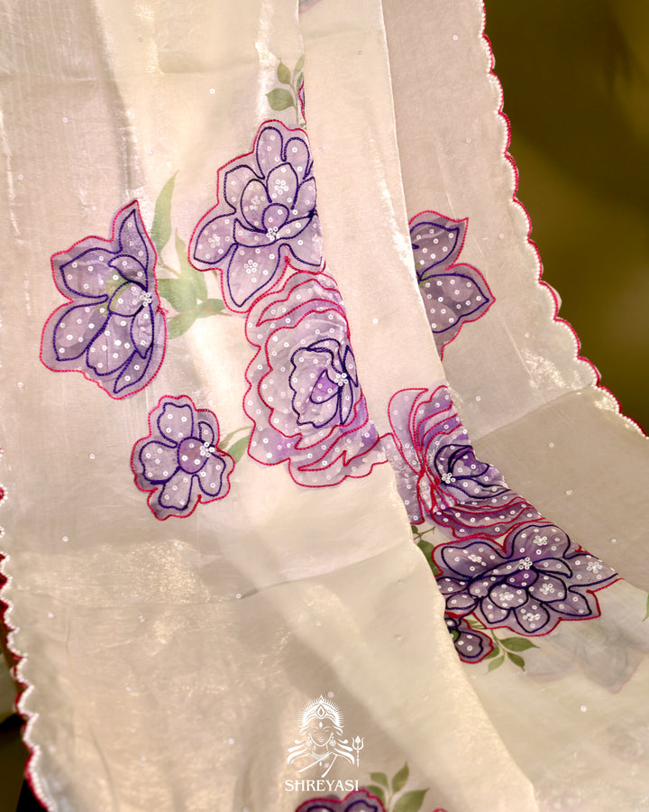 Glass Tissue Saree with Floral Print and  Embroidery