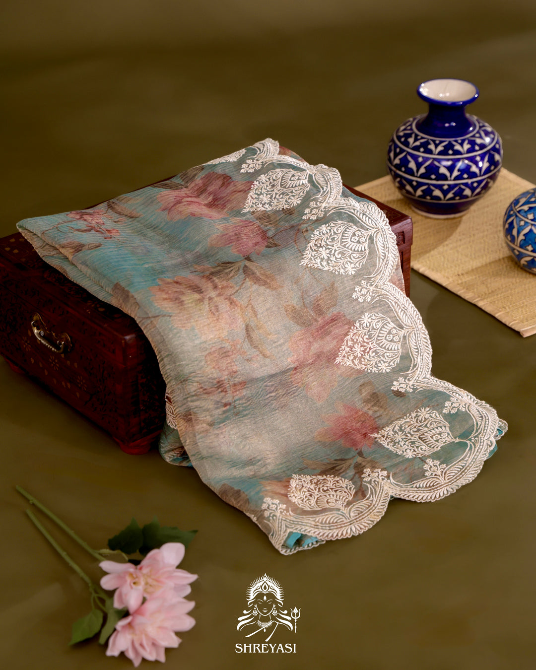 Handloom Pure Crushed Ektara Tissue Silk Saree with Floral Print and Scallop Embroidery