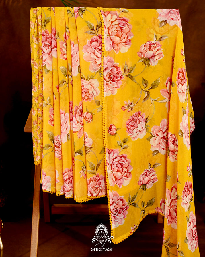 Pure Chiffon Floral Saree with Crochet Embroidery Border
