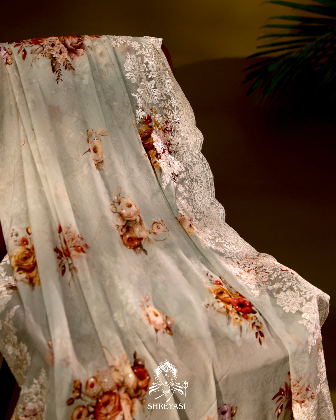 Floral Chiffon Georgette Saree with Scalloped Thread Embroidery