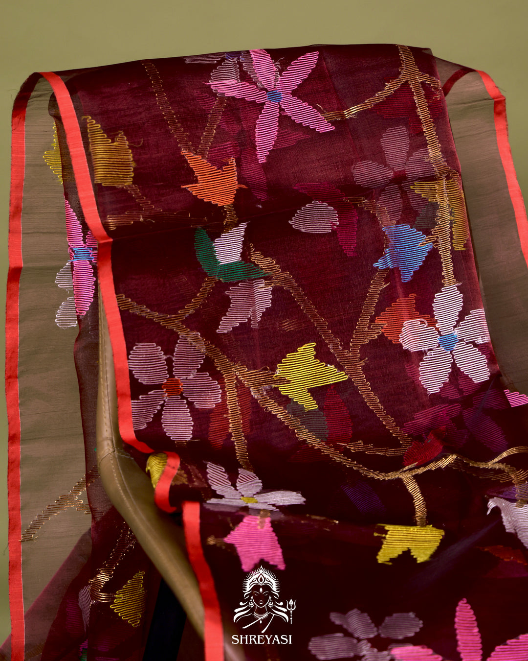 Handloom Pure Muslin Jamdani Saree in Full Jaal Needle Weaving