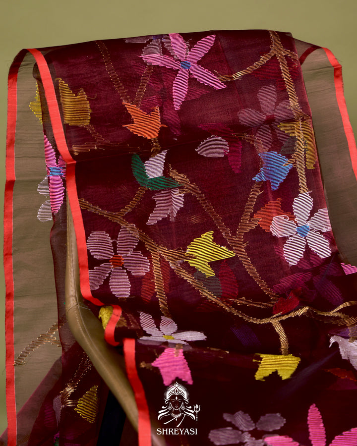 Handloom Pure Muslin Jamdani Saree in Full Jaal Needle Weaving