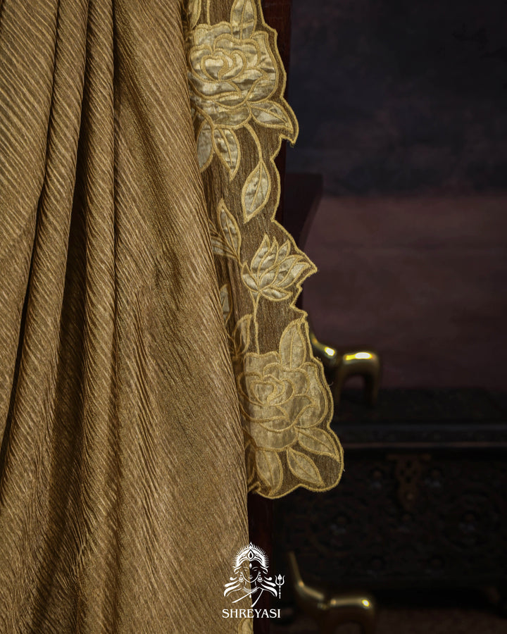 Handloom Pure Banarasi Crushed Tissue Silk Saree with Appliqué Borders
