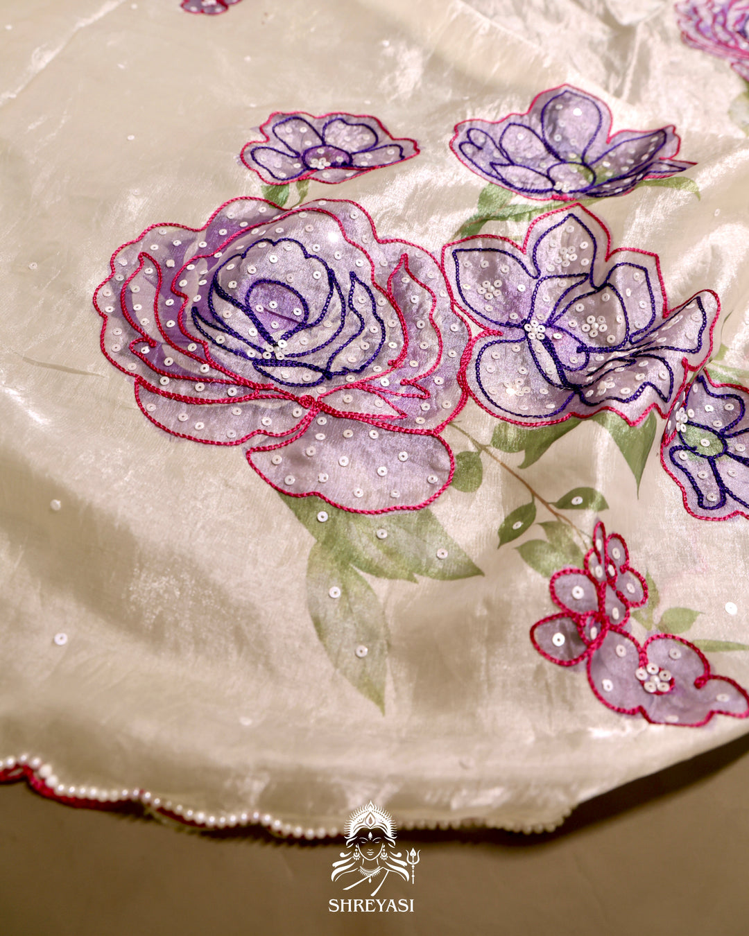 Glass Tissue Saree with Floral Print and  Embroidery