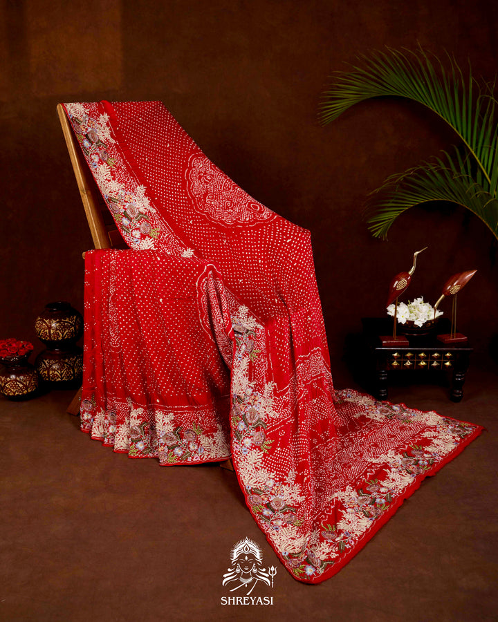Handloom Pure Gaji Silk Bandhej Saree with Floral Embroidery in Scarlet Red