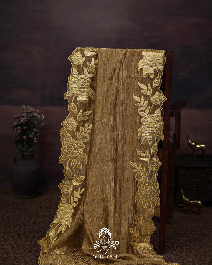 Handloom Pure Banarasi Crushed Tissue Silk Saree with Appliqué Borders