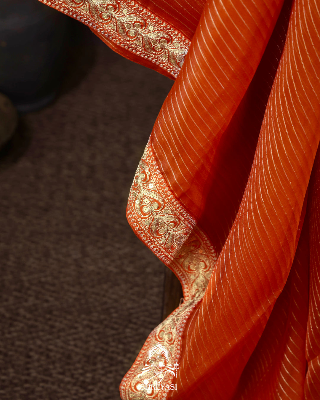 Pure Organza Silk Saree in Orange with Embroidered Border