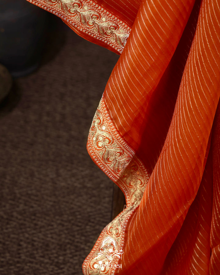 Pure Organza Silk Saree in Orange with Embroidered Border