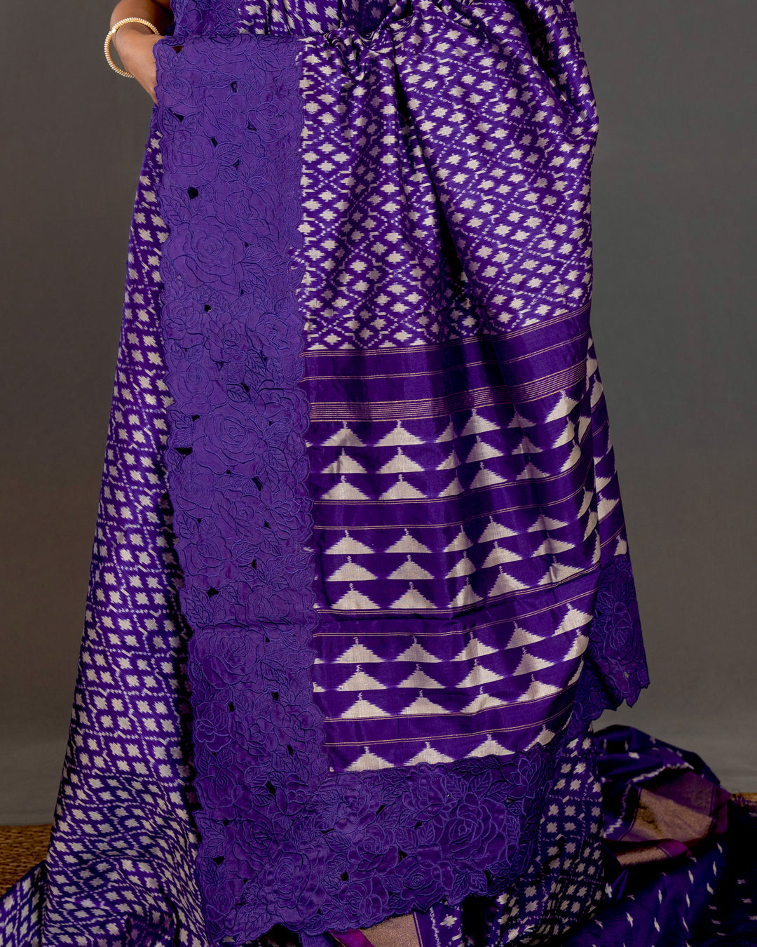 Handloom Pure Patola Silk Saree with Scalloped Floral Appliqué Embroidered Borders