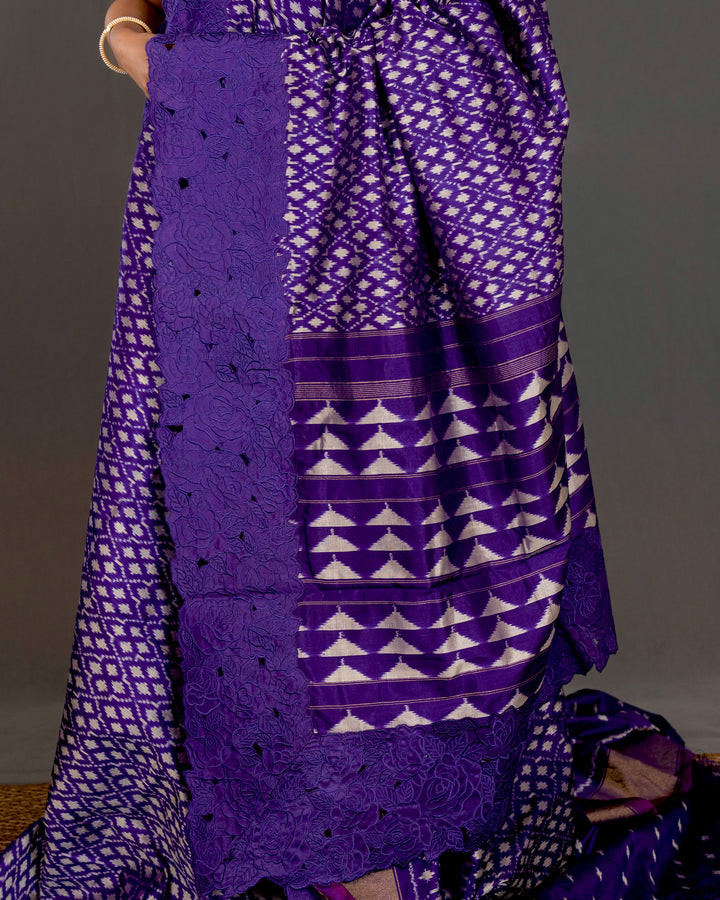Handloom Pure Patola Silk Saree with Scalloped Floral Appliqué Embroidered Borders