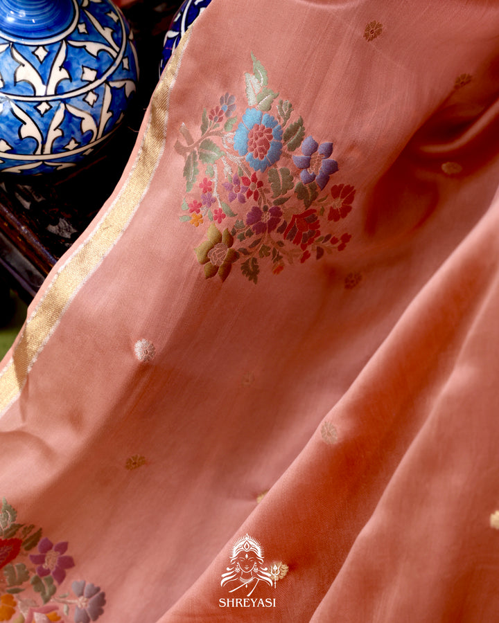 Handloom Pure Mashru Silk Saree with Sona Rupa Meenakari Bhutis and Nakshi Pallu