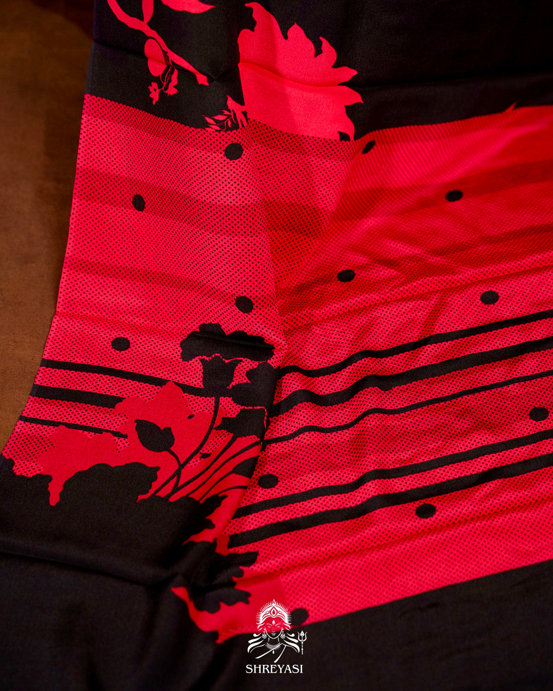 Pure Crepe Floral Saree in Black and Scarlet Red